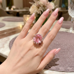 Silver ring with big stone of pink